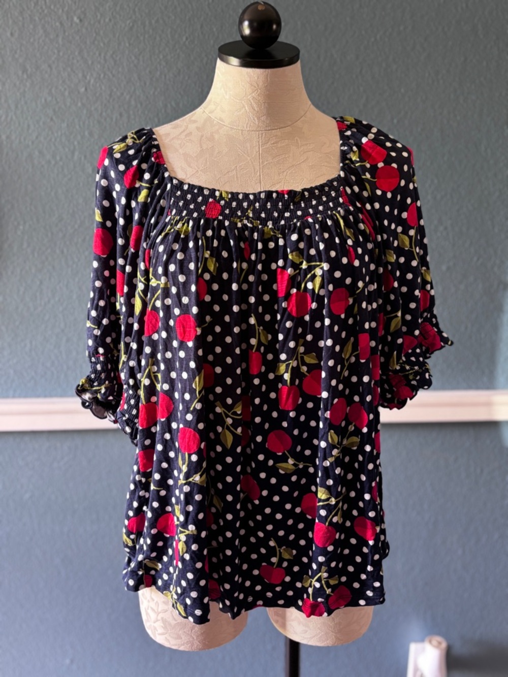 LuLaRoe Navy Cherry & Polka Dot Peasant Top